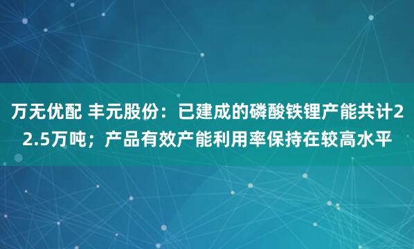 万无优配 丰元股份：已建成的磷酸铁锂产能共计22.5万吨；产品有效产能利用率保持在较高水平